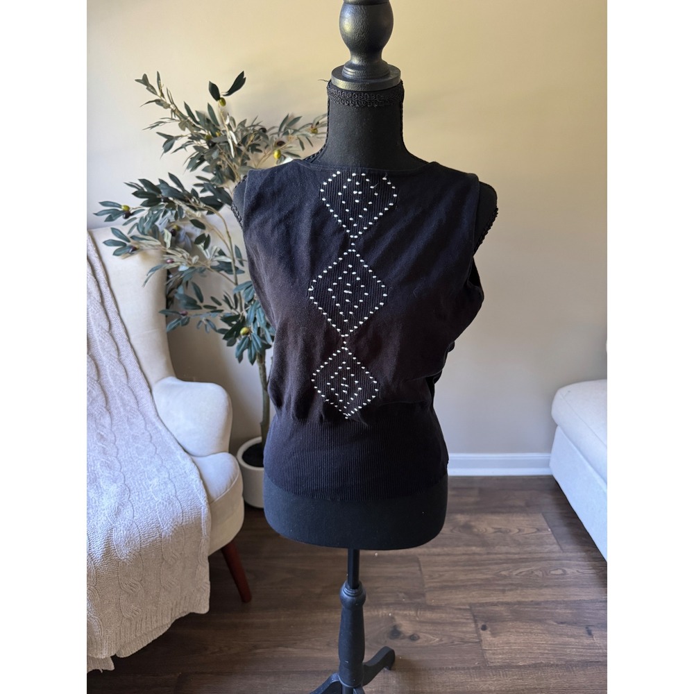 Sioni Black Silk Blend Sleeveless Knit Top Diamond Pattern Cowl Back Large
